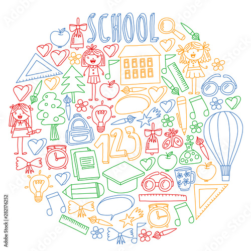 Vector set of Back to School icons in doodle style. Painted, colorful, pictures on a piece of paper on white background.