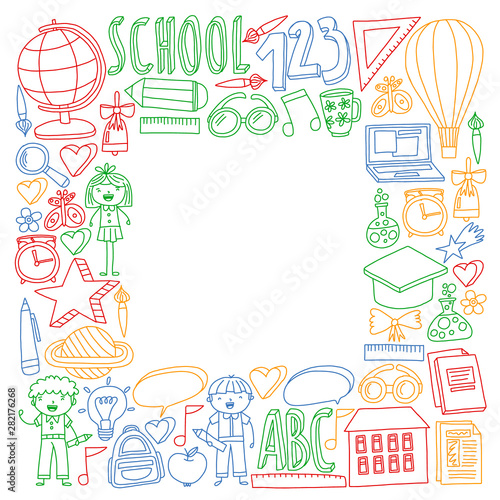Vector set of Back to School icons in doodle style. Painted  colorful  pictures on a piece of paper on white background.