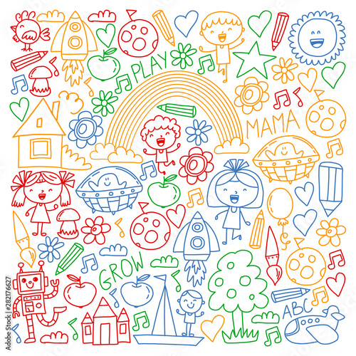 Time to adventure. Imagination creativity small children play nursery kindergarten preschool school kids drawing doodle icons pattern, play, study, learn with happy boys and girls Let's explore space.