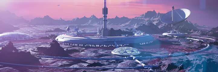 Foto auf Acrylglas Aubergine Lebensraum auf der Marsoberfläche, menschliche Kolonie auf dem roten Planeten (3D-Raumlandschafts-Rendering-Banner)  © dottedyeti