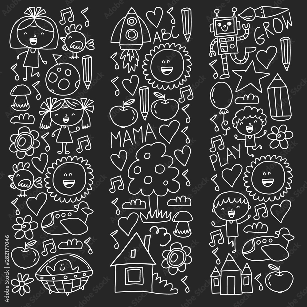 Naklejka premium Time to adventure. Imagination creativity small children play nursery kindergarten preschool school kids drawing doodle icons pattern, play, study, learn with happy boys and girls Let's explore space