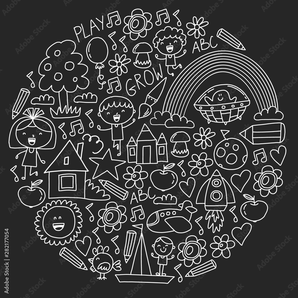 Fototapeta premium Time to adventure. Imagination creativity small children play nursery kindergarten preschool school kids drawing doodle icons pattern, play, study, learn with happy boys and girls Let's explore space