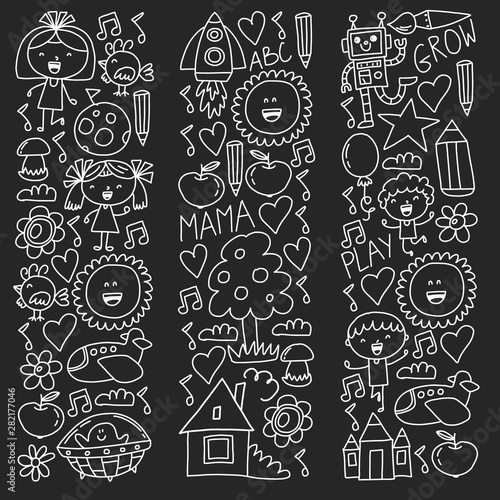 Time to adventure. Imagination creativity small children play nursery kindergarten preschool school kids drawing doodle icons pattern, play, study, learn with happy boys and girls Let's explore space