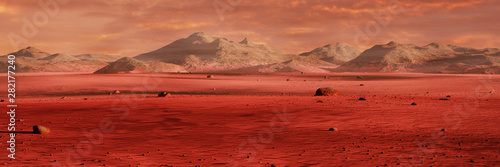 landscape on planet Mars, scenic desert surrounded by mountains, red planet surface © dottedyeti