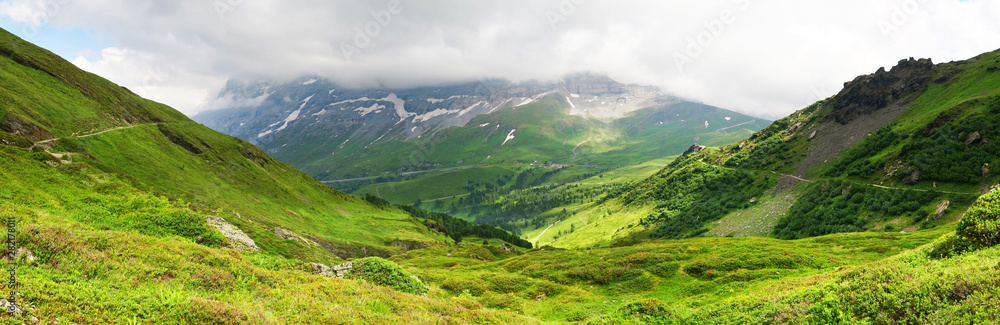 Alpine peaks landskape. Lauterbrunnen, Jungfrau, Bernese highland. Alps, tourism, journey, hiking