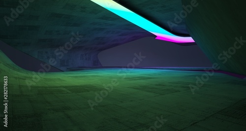 Abstract architectural concrete smooth interior of a minimalist house with color gradient neon lighting. 3D illustration and rendering.