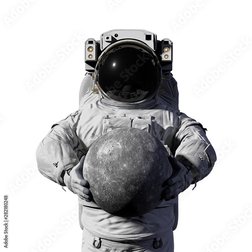 Fototapeta Naklejka Na Ścianę i Meble -  astronaut holding planet Mercury, isolated on white background