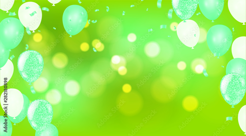 Vector happy birthday card with green balloons, party invitation. Adobe Stock
