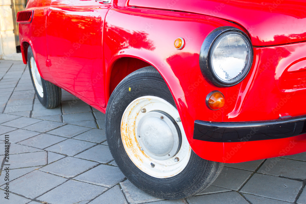 Close up of red retro car