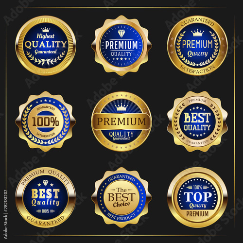 Collection of black top quality badges with gold border