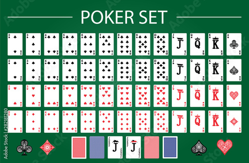 Poker set with isolated cards on green background.