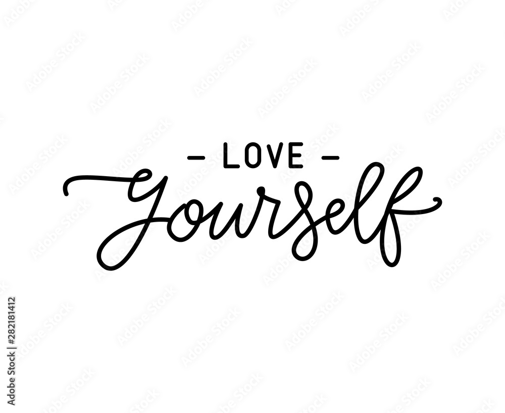 Love yourself quote. Monoline lettering writing quote love yourself. Self-care Single word. Modern calligraphy text love yourself Care. Design print for t shirt, pin label, badges, sticker, greeting