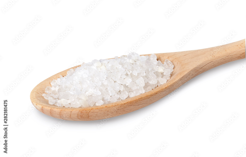 Wooden spoon with sea salt isolated on white background. Wooden spoon with sea salt isolated on white background.