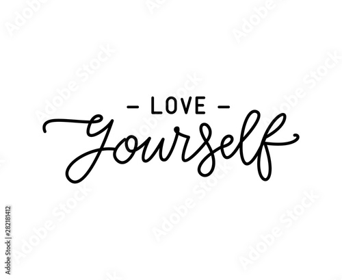 Love yourself quote. Monoline lettering writing quote love yourself. Self-care Single word. Modern calligraphy text love yourself Care. Design print for t shirt, pin label, badges, sticker, greeting
