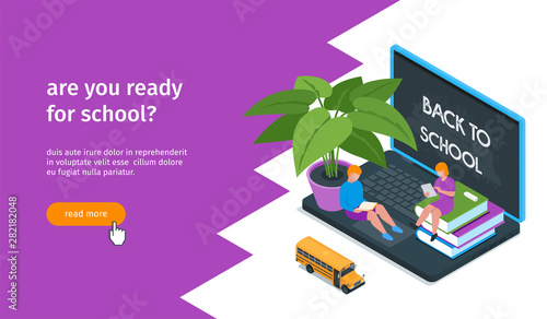 Back to school banner. Children sitting on books and laptop. Isometric vector illustration