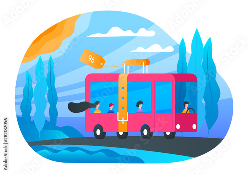 Cheap bus tickets banner. Bus with passengers traveling on the road. Modern vector illustration