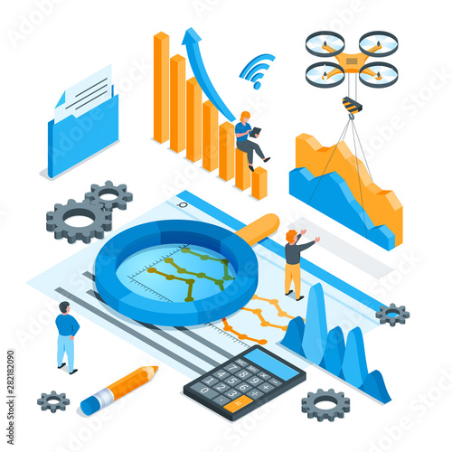 Data analysis concept. Images of children and miniature people. Magnifying glass, charts and drone. Isometric vector illustration
