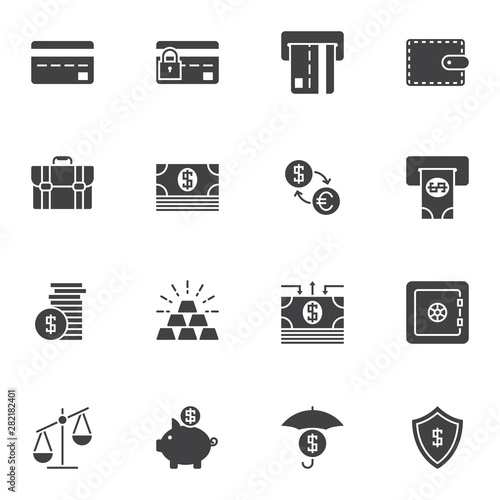 Banking and finance vector icons set, modern solid symbol collection, filled style pictogram pack. Signs, logo illustration. Set includes icons as credit card, atm, safe, dollar and euro exchange