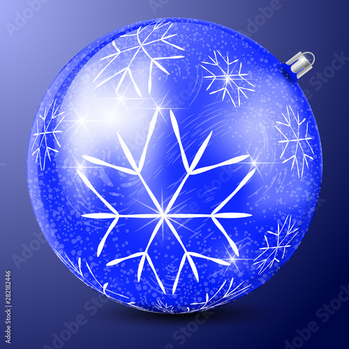 Golden glass christmas ball with snowflakes and patterns of snow. Realistic vector christmas ball for xmas tree. Element of festive decoration.