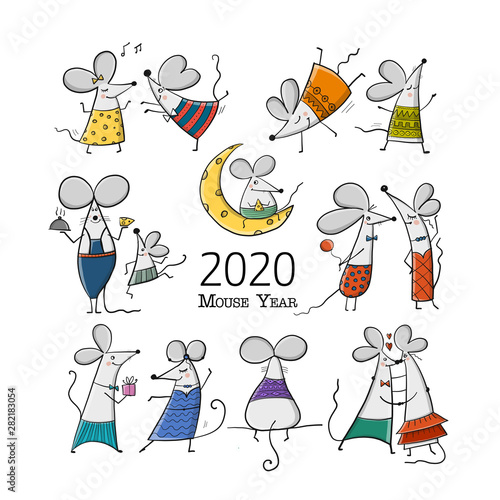 Funny mouses, symbol of 2020 year. Banner for your design