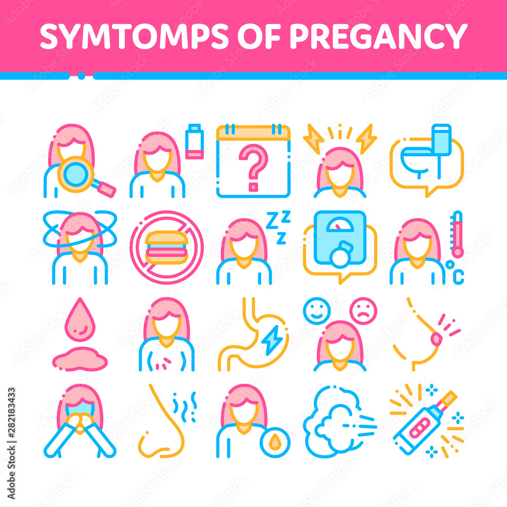 Symptomps Of Pregancy Element Vector Icons Set. Fatigue And Nausea, Food Aversion And Frequent Urination, Constipation And Faintness Symptomps Of Pregancy Pictograms. Color Contour Illustrations Symptomps Of Pregancy Element Vector Icons Set. Fatigue And Nausea, Food Aversion And Frequent Urination, Constipation And Faintness Symptomps Of Pregancy Pictograms. Color Contour Illustrations