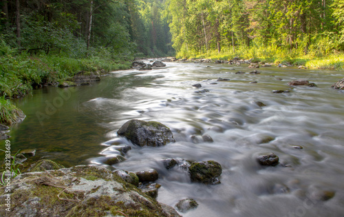 shallow picturesque rocky fast river flows in the taiga