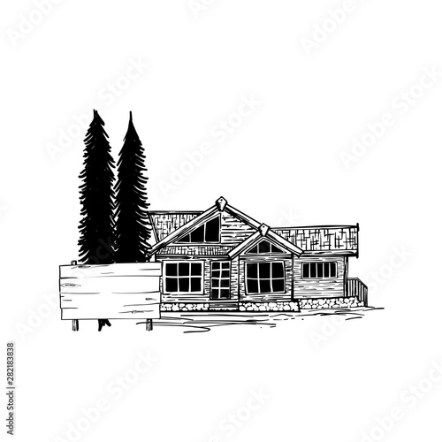 Old wood cabin in forest pines logo design inspiration