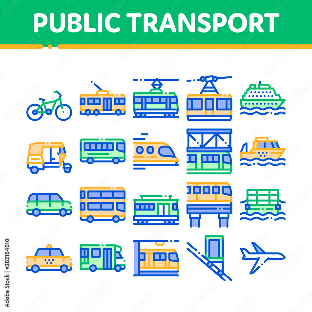 Fototapeta premium Collection Public Transport Vector Line Icons Set. Trolleybus And Bus, Tramway And Train, Cable Way And Monorail Transport Linear Pictograms. Car And Taxi, Plane And Ship Color Contour Illustrations