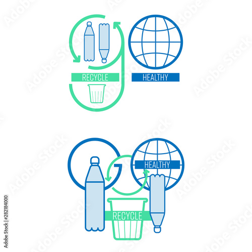 Go recycle, go green typographic symbol set. Preserve the environment by sorting and returning single-use plastic waste to be recycled. Vector illustration outline flat design style.