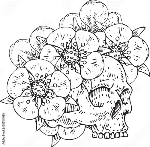 Voodoo Skull in Flower Wreath