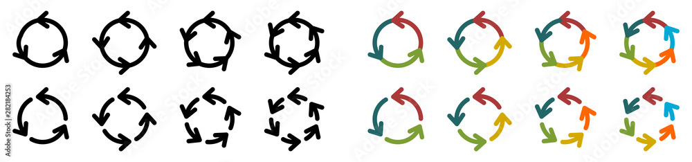 Arrows forming circle, version with three four five and six parts Arrows forming circle, version with three four five and six parts