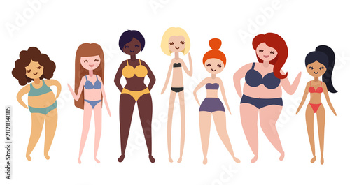 Women with different bodies, weight, height. Various body shapes vector illustration. Happy and beautiful body positive girls.