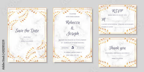 Wedding invitation collection with save the date and rsvp card vector templates. Elegant invitations set with autumn floral motives and gray marble texture.