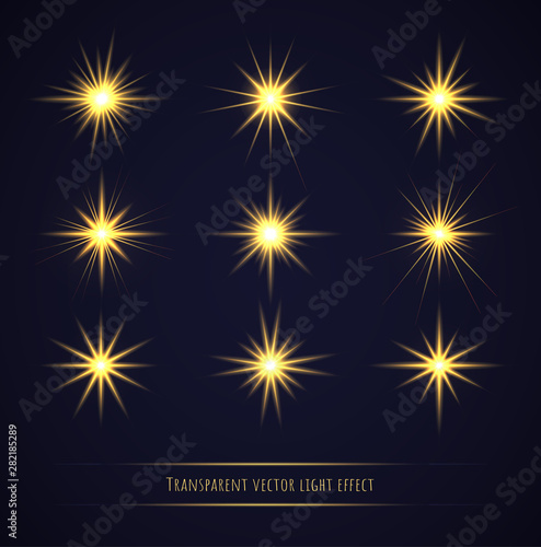 Golden light flare effects set isolated on transparent background. Sun flares, sparkles, shining stars and rays collection. Abstract luminous explosion concept.