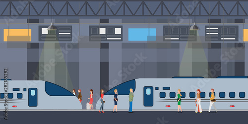 Modern high speed trains stopped at railway station and people standing and walking on platform.