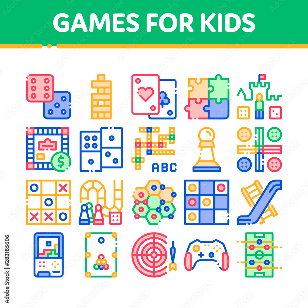 Interactive Kids Games Vector Thin Line Icons Set. Domino, Chess And Video Games Controller Linear Pictograms. Cards And Jenga, Tetris And Billiard, Monopoly And Darts Color Contour Illustrations