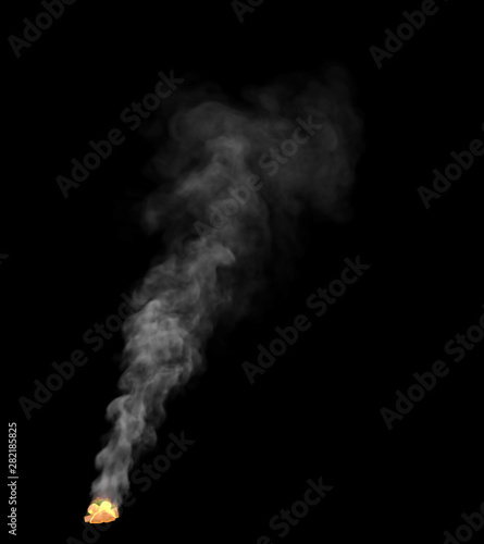 burning tourist camp fire place with white smoke isolated on black background, design fire 3D illustration