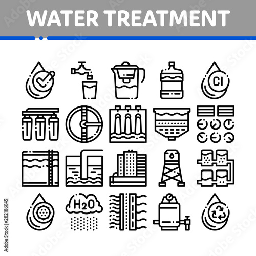 Water Treatment Items Vector Thin Line Icons Set. Filter And Cleaning System Water Treatment Elements From Microbe Germs Linear Pictograms. Rain Cloud And Pump Station Black Contour Illustrations photo