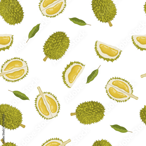 Seamless pattern of durian and leaves on white background.