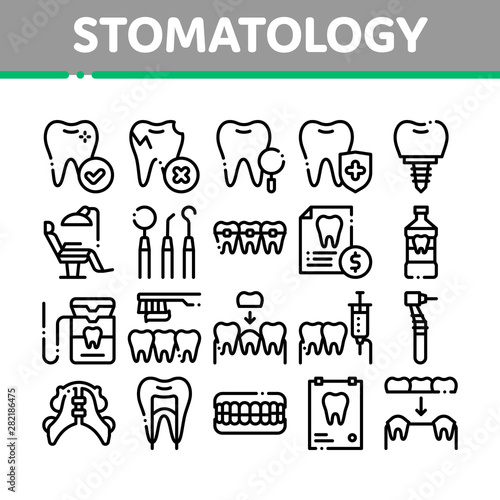 Stomatology Collection Vector Thin Line Icons Set. Stomatology Dentist Equipment And Chair, Healthy And Unhealthy Tooth Linear Pictograms. Jaw Denture, Injection Anesthesia Black Contour Illustrations