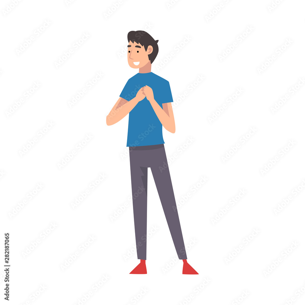 Happy Young Man Holding Hands on His Chest Cartoon Vector Illustration