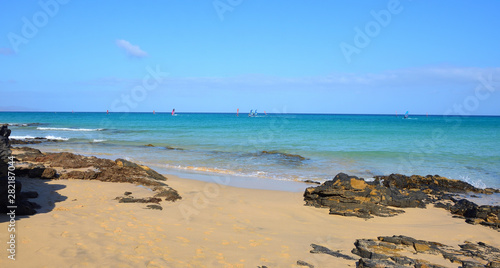 Fototapeta Naklejka Na Ścianę i Meble -  White Sand Beach of Costa Calma in Fuerteventura on a Sunny Day