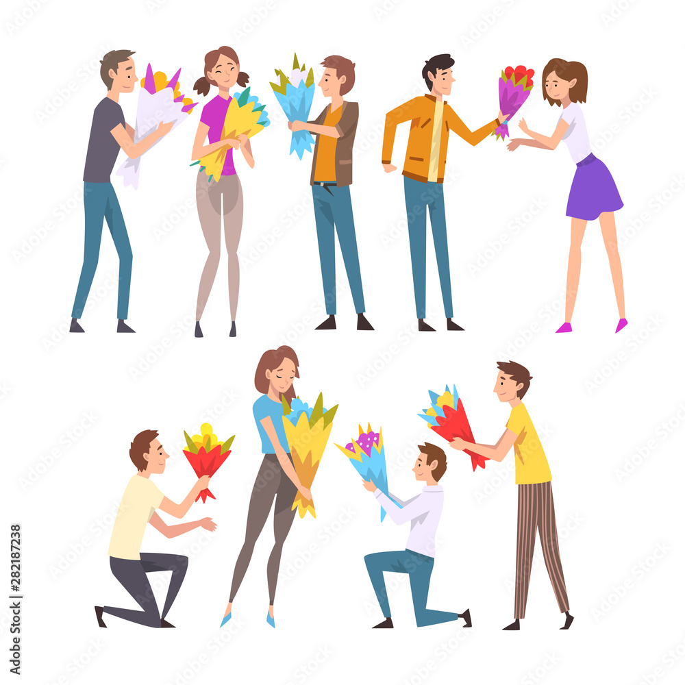 Obraz premium Young Men Giving Bouquet of Flowers to Happy Girls Set, Guys Making Marriage Proposal, Congratulations on Holiday, Birthday or Romantic Date Vector Illustration