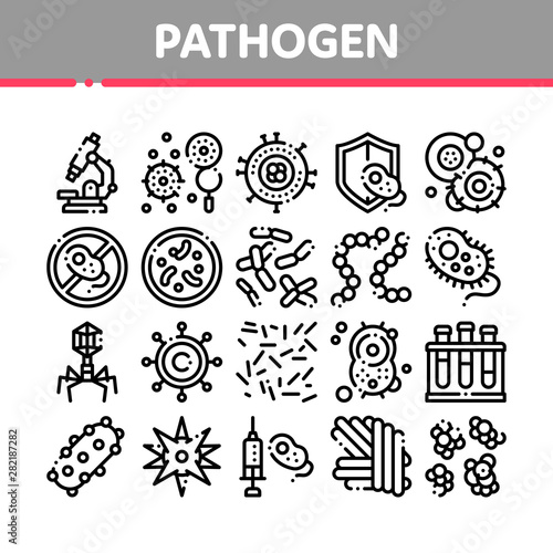 Collection Pathogen Elements Vector Sign Icons Set. Pathogen Bacteria Microorganism, Microbes And Germs Linear Pictograms. Analysis In Flask, Microscope And Injection Black Contour Illustrations