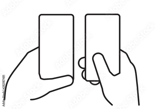 hand holds smart phone. Two phones in the left and right hand. Linear drawing. Vector illustration