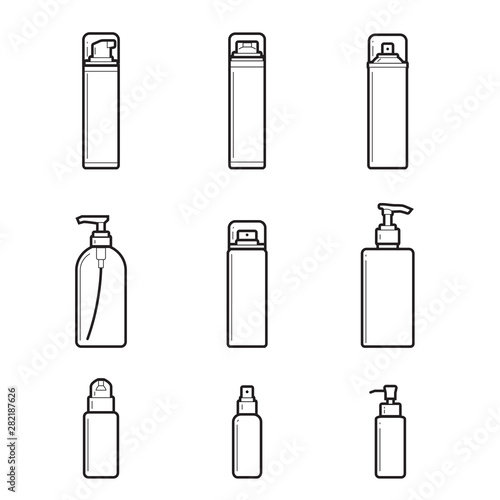 Dispensers, batchers. line drawing set of cosmetic bottles on white background. Vector illustration
