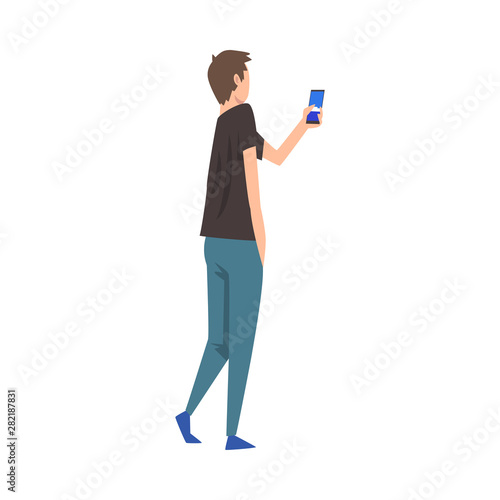 Young man photographing, guy taking photo using smartphone vector Illustration isolated on a white background.