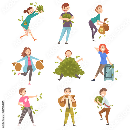 Lucky Successful Rich People Set, Happy Wealthy Men and Woman with Lot of Money Vector Illustration