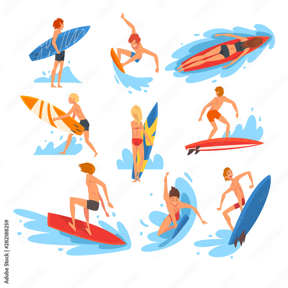 Male and Female Surfers Characters Riding Waves Set, Recreational Beach Water Sport, People Enjoying Summer Vacation Vector Illustration Male and Female Surfers Characters Riding Waves Set, Recreational Beach Water Sport, People Enjoying Summer Vacation Vector Illustration