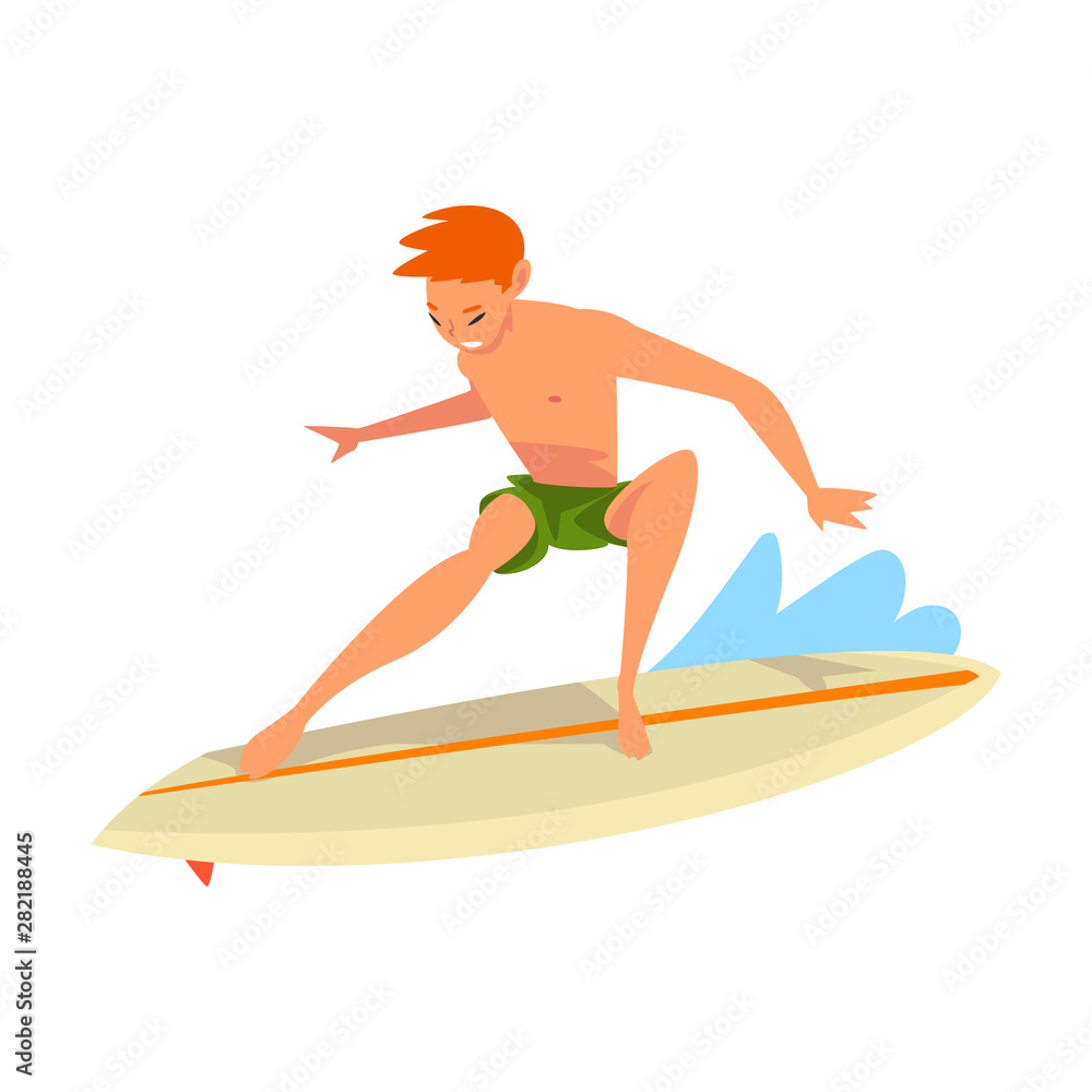 Guy Riding on Ocean Wave, Male Surfer Character in Shorts with Surfboard, Recreational Beach Water Sport, Man Enjoying Summer Vacation Vector Illustration